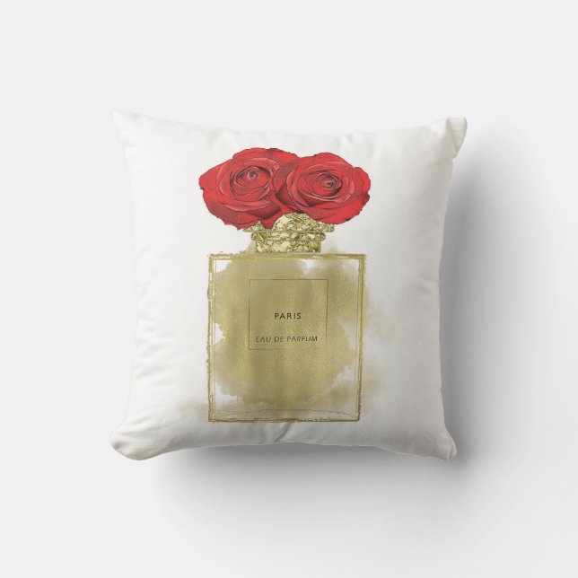 Floral Fashion Perfume Bottle Red Roses Gold Glam Throw Pillow (Front)