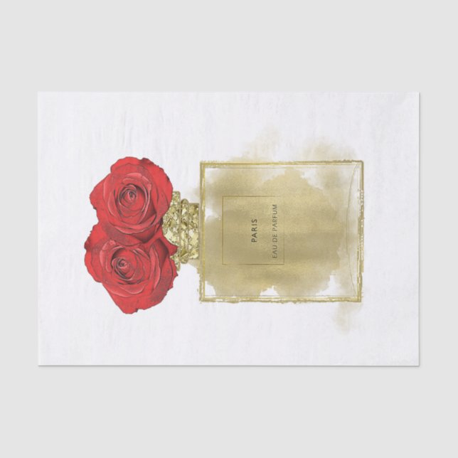 Floral Fashion Perfume Bottle Red Roses Gold Glam Tissue Paper (Front)