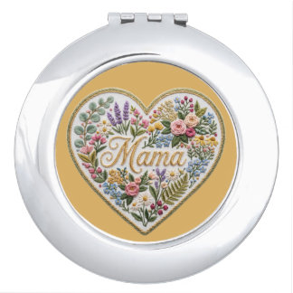 Floral Faux Embroidery Heart Mama Compact Mirror