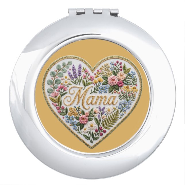 Floral Faux Embroidery Heart Mama Compact Mirror (Front)