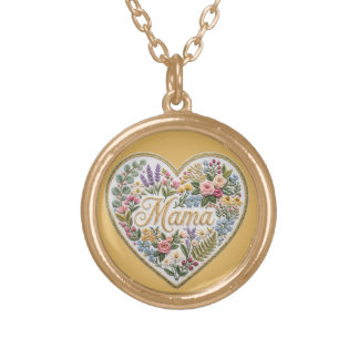 Floral Faux Embroidery Heart Mama Gold Plated Necklace