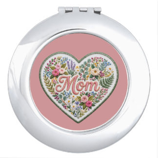 Floral Faux Embroidery Heart Mom Compact Mirror
