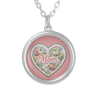 Floral Faux Embroidery Heart Mom Silver Plated Necklace