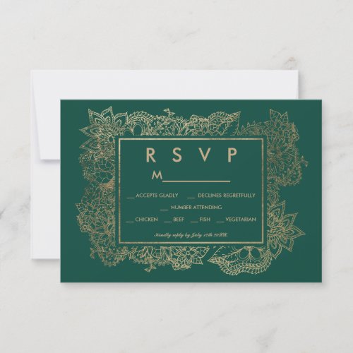 Floral faux gold emerald green modern RSVP wedding - Modern floral faux gold emerald green RSVP wedding
A modern, pretty chic and elegant faux gold hand drawn floral with faux gold elegant frame RSVP wedding on a modern and stylish emerald green background. Perfect for chic, elegant theme wedding