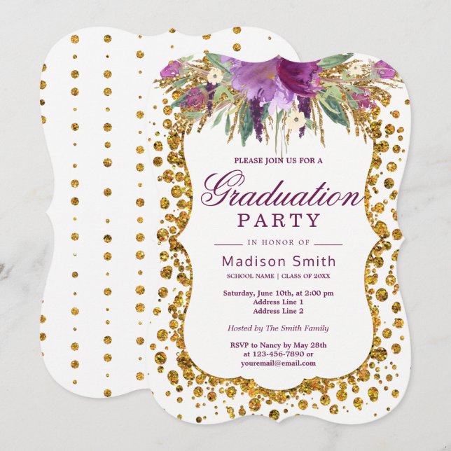 Floral Faux Gold Glitter Confetti Graduation Party Invitation (Front/Back)