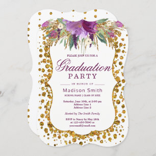 Floral Faux Gold Glitter Confetti Graduation Party Invitation