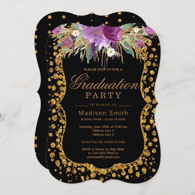 Floral Faux Gold Sparkle Confetti Graduation Party Invitation (Front/Back)