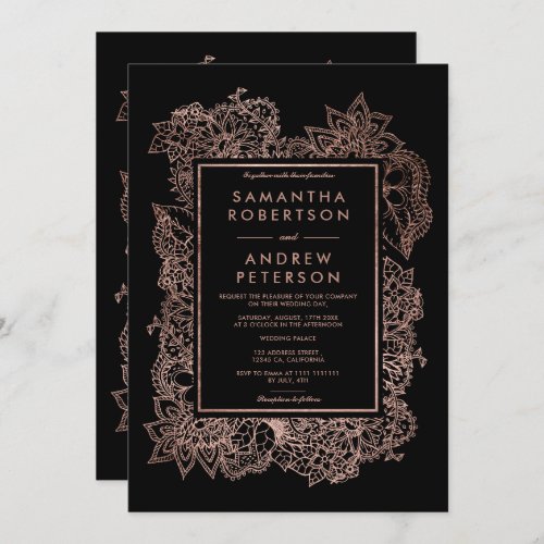 Floral faux rose gold frame black wedding invitation