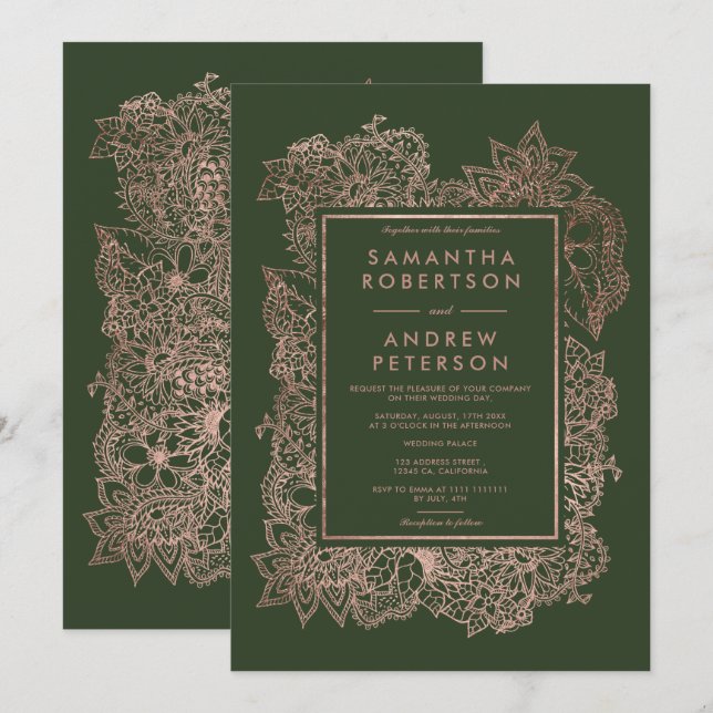 Floral faux rose gold frame hunter green wedding invitation (Front/Back)