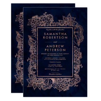 Floral faux rose gold navy blue watercolor wedding card