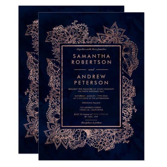Floral faux rose gold navy blue watercolor wedding invitation