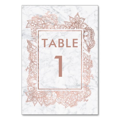Floral faux rose gold white marble table table number
