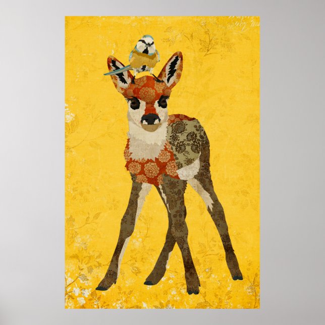 Floral Fawn & Little Bird Art Poster (Front)