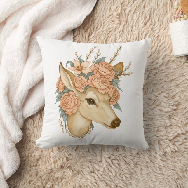 Floral Fawn – Nature’s Gentle Spirit Throw Pillow (Blanket)