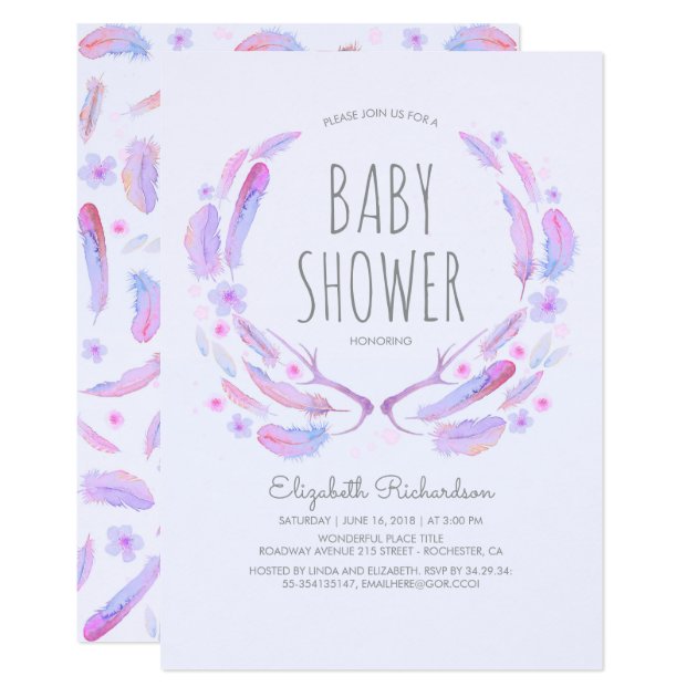 Bohemian Feather Baby Shower Invitations