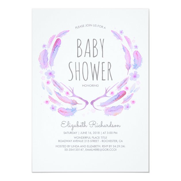 Floral Feather Antlers Woodland Boho Baby Shower Invitation