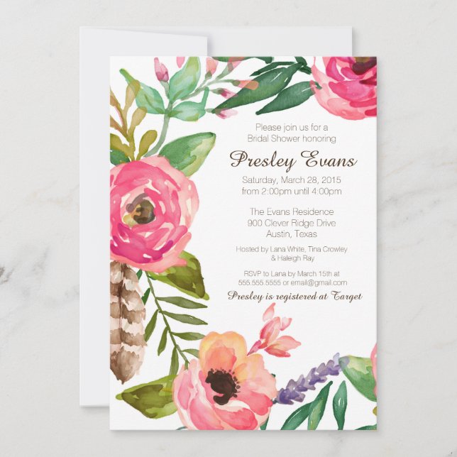 Floral & Feather Bridal Shower Invitation II (Front)