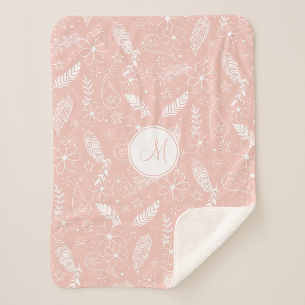 floral feather paisley pattern on pink / ANY color Sherpa Blanket
