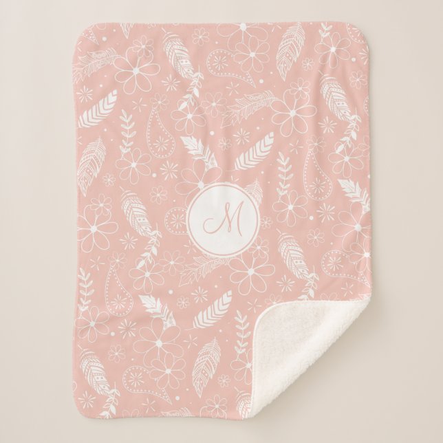 floral feather paisley pattern on pink / ANY color Sherpa Blanket (Front)