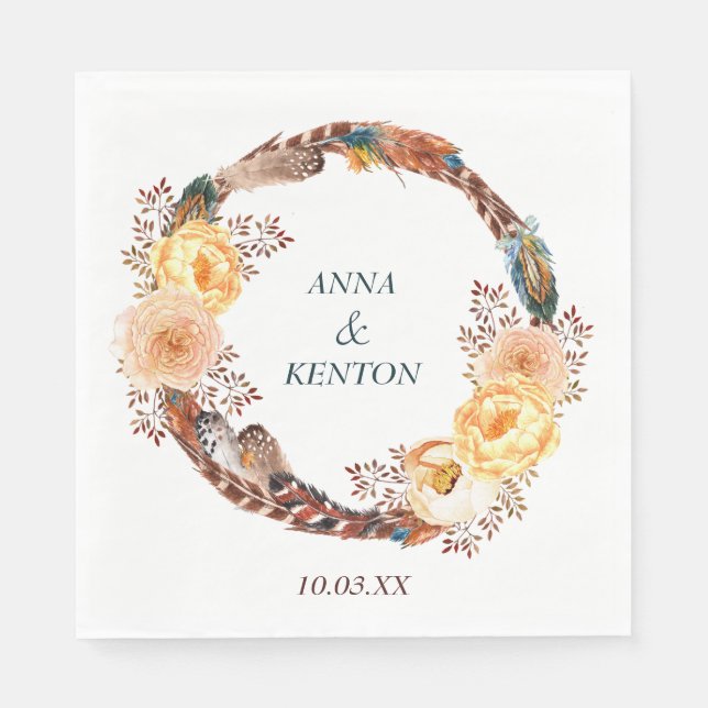Floral Feather Wreath Wedding Napkins (Front)