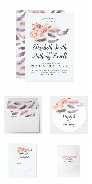 Floral Feathers Wedding Invitation Set