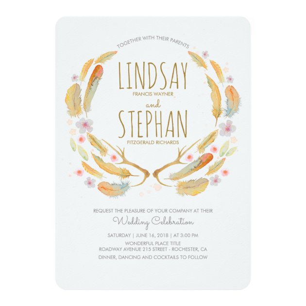 Floral Feathers Antlers Summer Woodland Wedding Invitation
