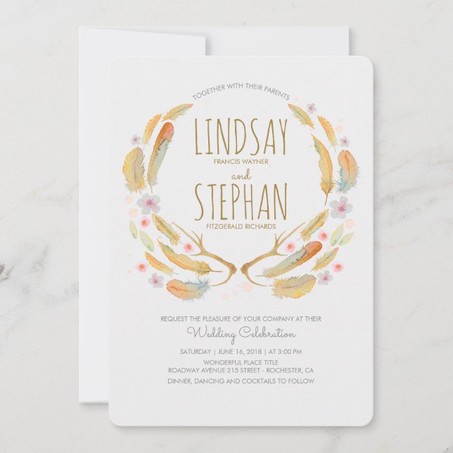 Floral Feathers Antlers Summer Woodland Wedding Invitation (Front)