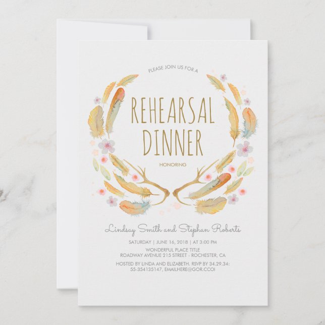 Floral Feathers Antlers Woodland Rehearsal Dinner Invitation (Front)