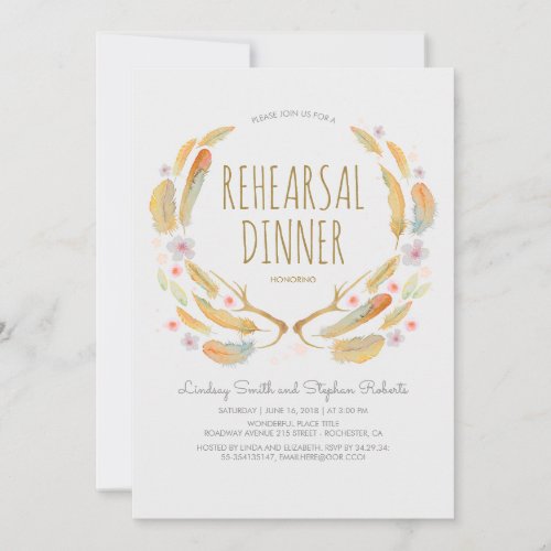 Floral Feathers Antlers Woodland Rehearsal Dinner Invitation