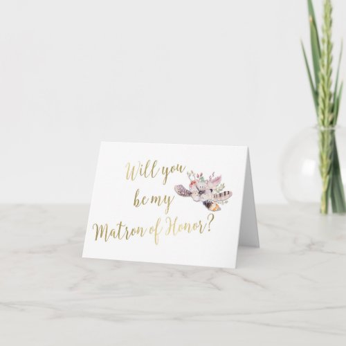 Floral Feathers Boho Will you be Matron of Honor Thank You Card