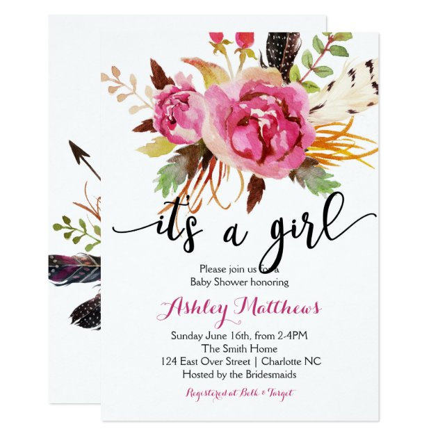 Floral Feathers Floral Baby Shower Invitation