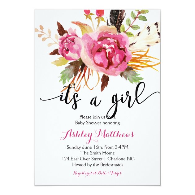 Floral Feathers Floral Baby Shower Invitation