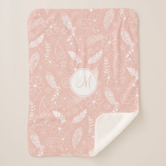 floral feathers paisley monogrammed pastel pink sherpa blanket