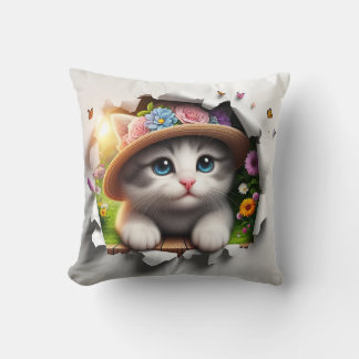 Floral Feline Fantasy: A Whimsical Cat Portrait Throw Pillow