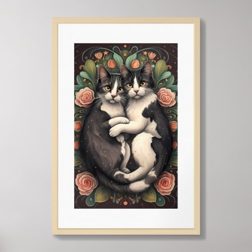 Floral Feline Love Whimsical Cat Art Print Framed Art