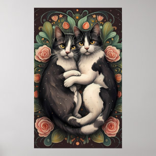 Floral Feline Love: Whimsical Cat Art Print" Poster