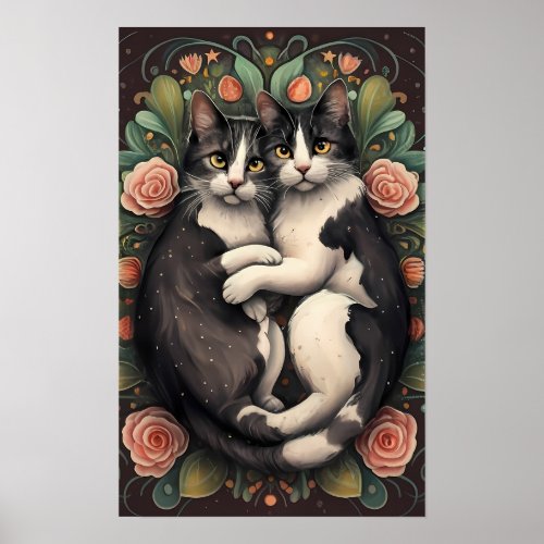 Floral Feline Love Whimsical Cat Art Print Poster