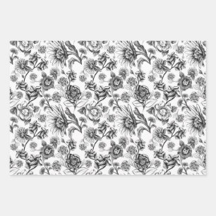 Floral Felines (b&w) Wrapping Paper Sheets