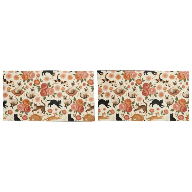 Floral Felines: Cozy Cats & Blooms Pattern Pillow Case (Back-Set)
