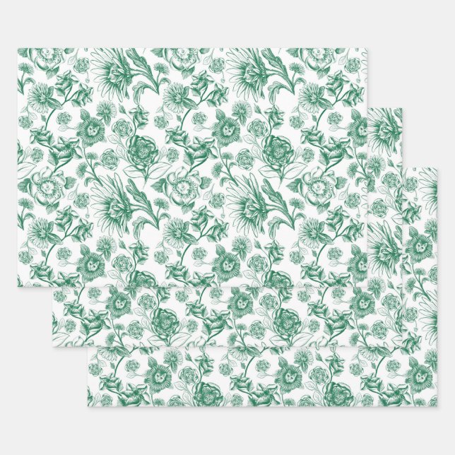 Floral felines (green) wrapping paper sheets (Set)