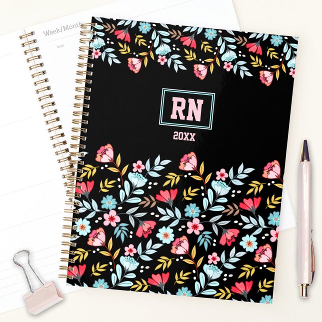 Floral Feminine Black Pink Blue Colorful Monogram Planner (Floral Feminine Black Pink Blue Colorful Monogram Planner)