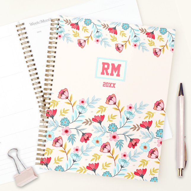 Floral Feminine Pink Blue Cream Colorful Monogram Planner (Floral Feminine Pink Blue Colorful Monogram Planner)