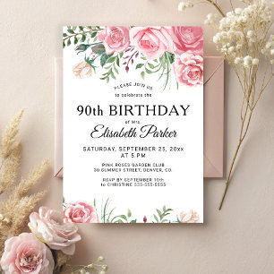 Floral feminine pink flowers 90th birthday party  invitation