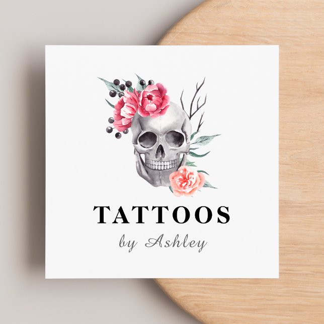 Floral Feminine Skull Girly Tattoo Artist Modern Square Business Card (Creator Uploaded)