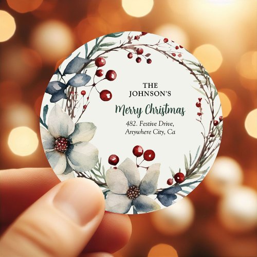 Floral Festive Christmas Wreath Return Address  Classic Round Sticker