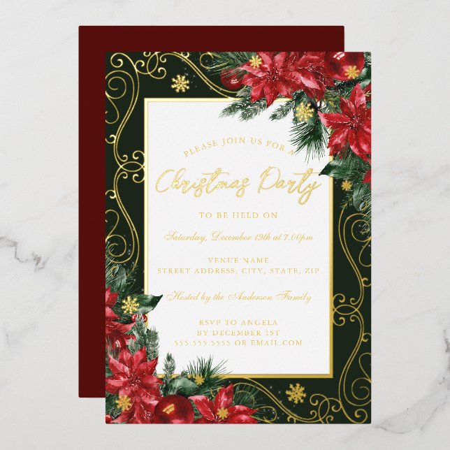 Floral Festive Frame Gold Christmas Party Foil Invitation (Front/Back)