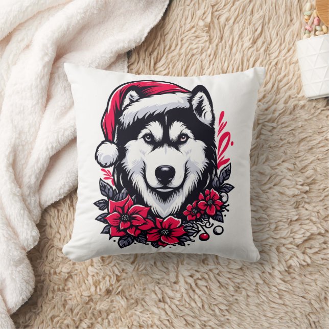Floral Festive Husky Dog with Santa Hat Xmas Puppy Throw Pillow (Blanket)