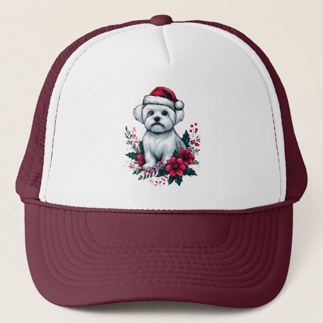 Floral Festive Maltese Dog with Santa Hat Xmas Dog (Front)