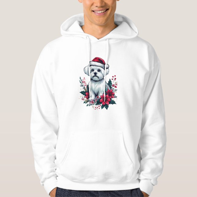 Floral Festive Maltese Dog with Santa Hat Xmas Dog Hoodie (Front)