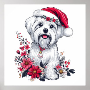 Floral Festive Maltese Dog with Santa Hat Xmas Dog Poster